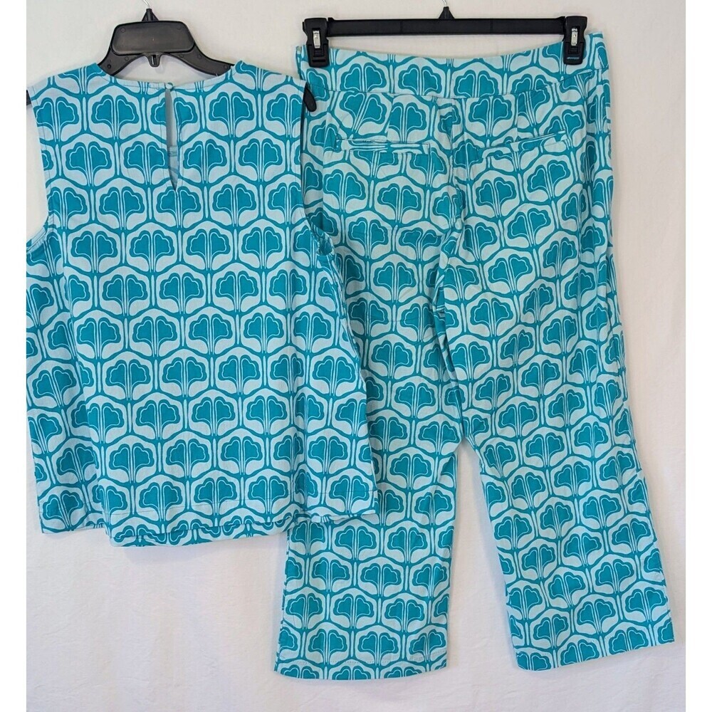 NWT Crown & Ivy Women’s Blue Aqua Floral 2pc Set Top XL & Cropped Pants 14 - Picture 2 of 9